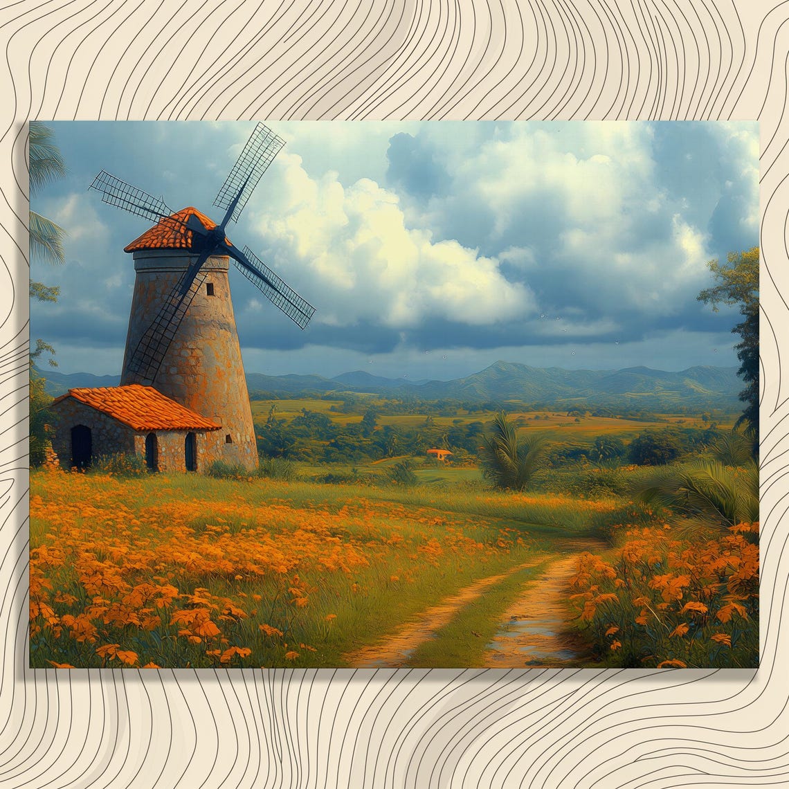 Old Stone Windmill Orange Wildflower Field Mountain Path Poster