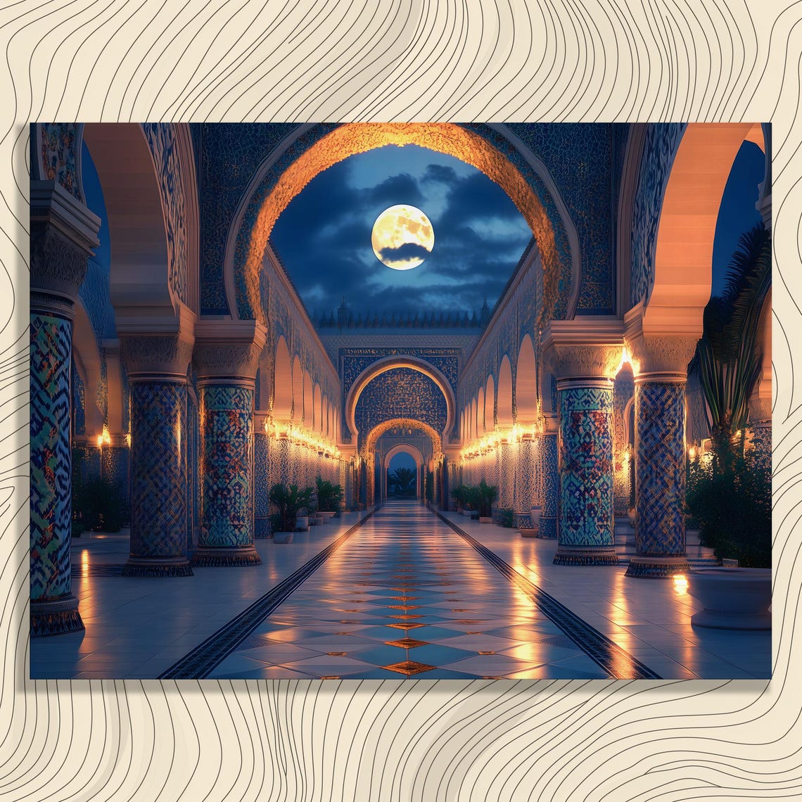 Moonlit Moroccan Arched Corridor With Ornate Tiled Columns Poster