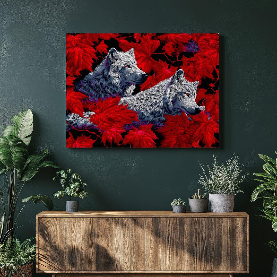 Two Gray Wolves Resting Among Red Maple Leaves Wildlife Poster