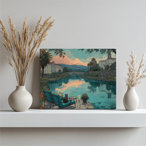 Black Cat Resting By Riverside Terrace Sunset Villas Bridge Poster