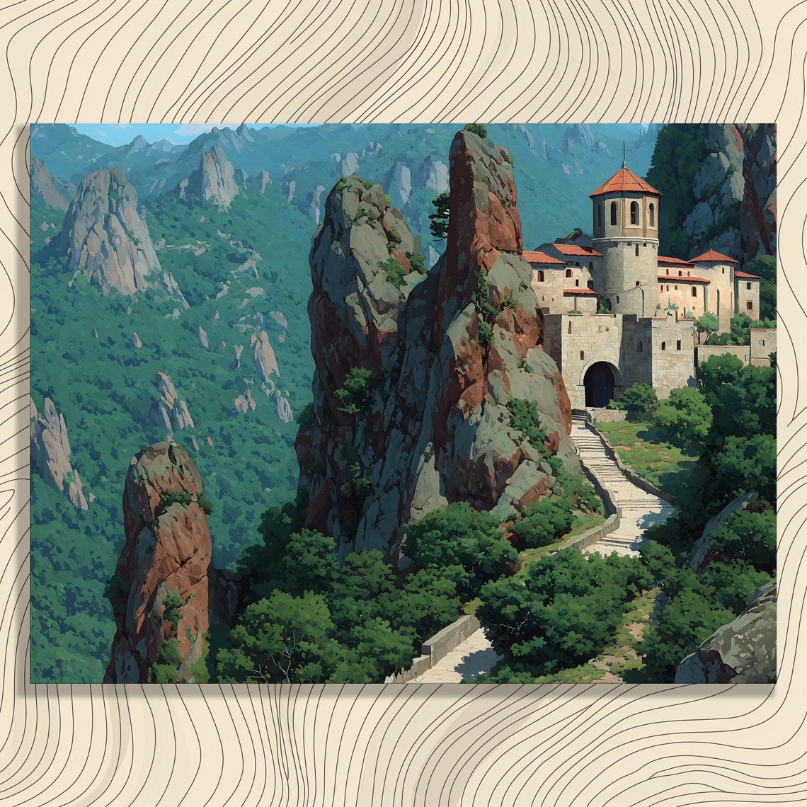 Mountain Monastery on Towering Rock Pinnacles Valley Art Poster