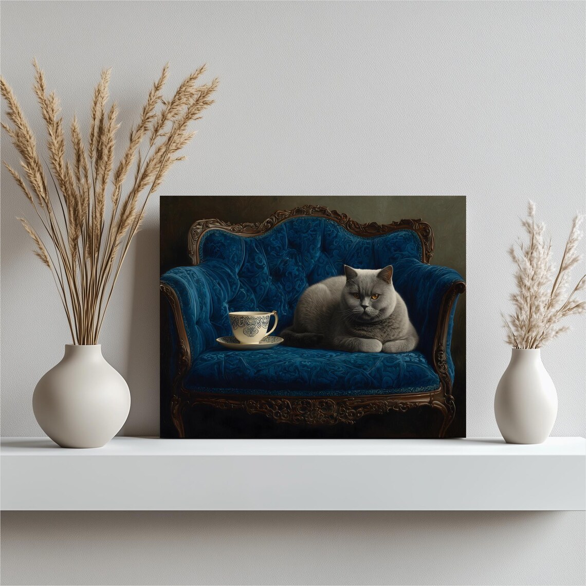 British Shorthair Cat With Teacup On Blue Velvet Sofa Vintage Poster