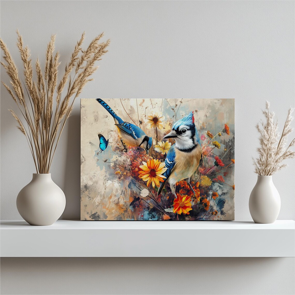 Blue Jay Pair Among Wildflowers Oil Painting Bird Art Poster