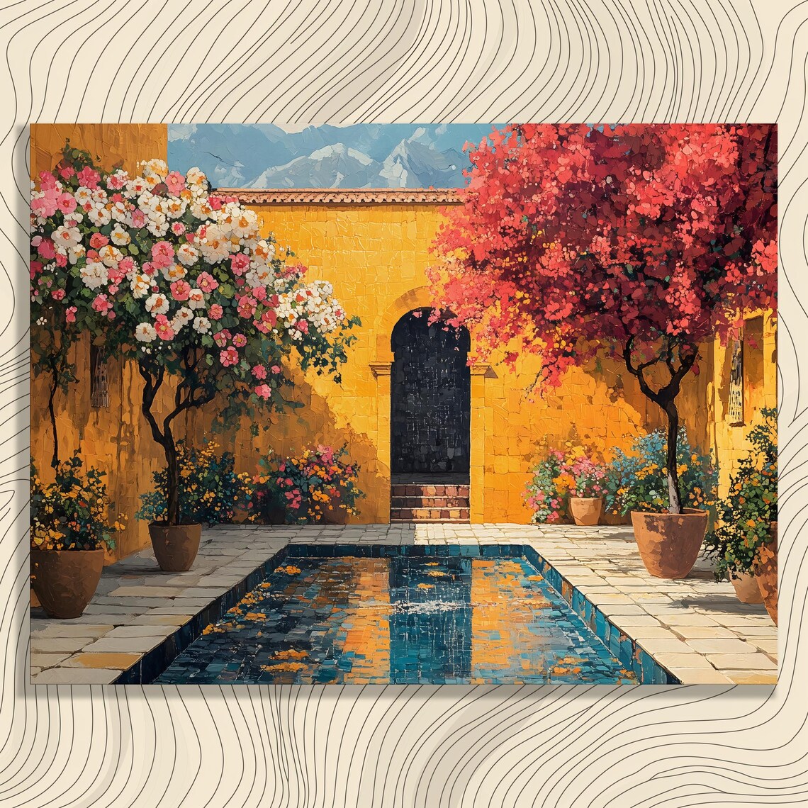 Sunlit Courtyard Pool Bougainvillea Warm Ochre Walls Art Print