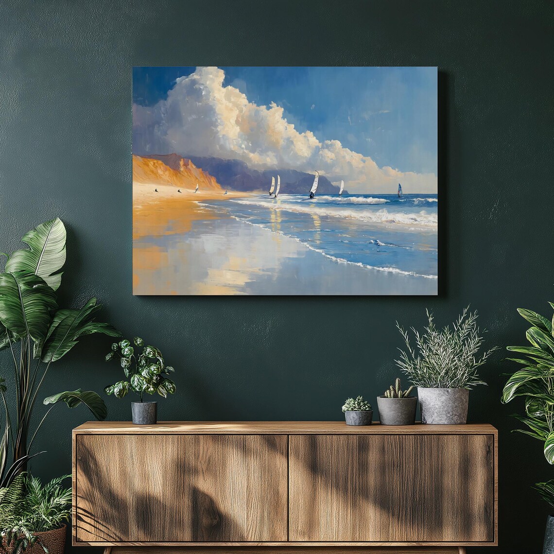 Coastal Windsurfers Beach Art Print, Ocean Seascape