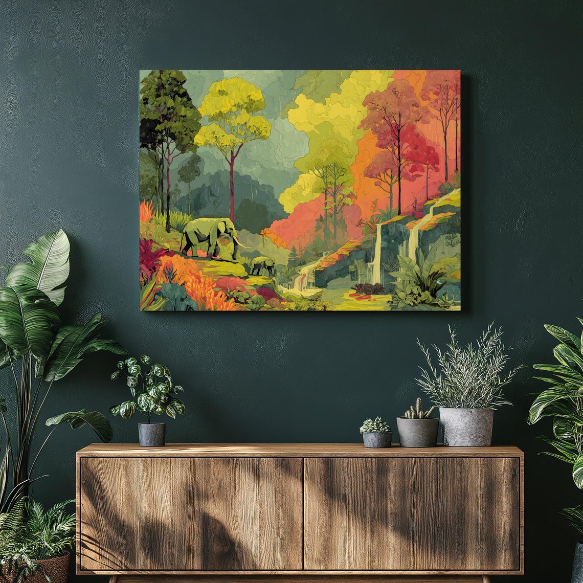 Elephants Rainforest Waterfall Vibrant Jungle Wildlife Wall Art