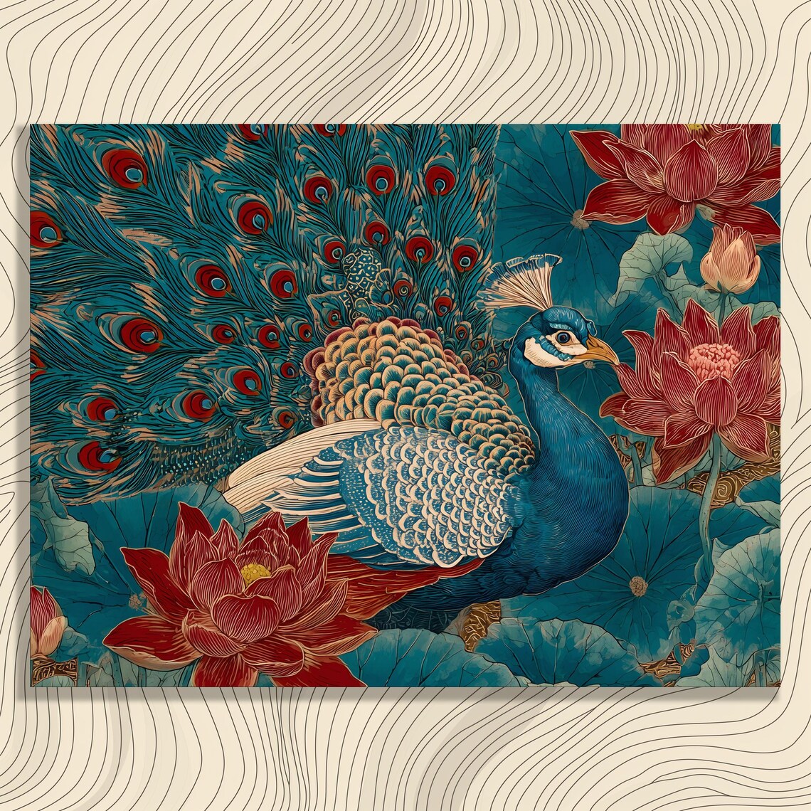 Peacock Lotus Flower Ornate Teal Red Decorative Style Wall Art