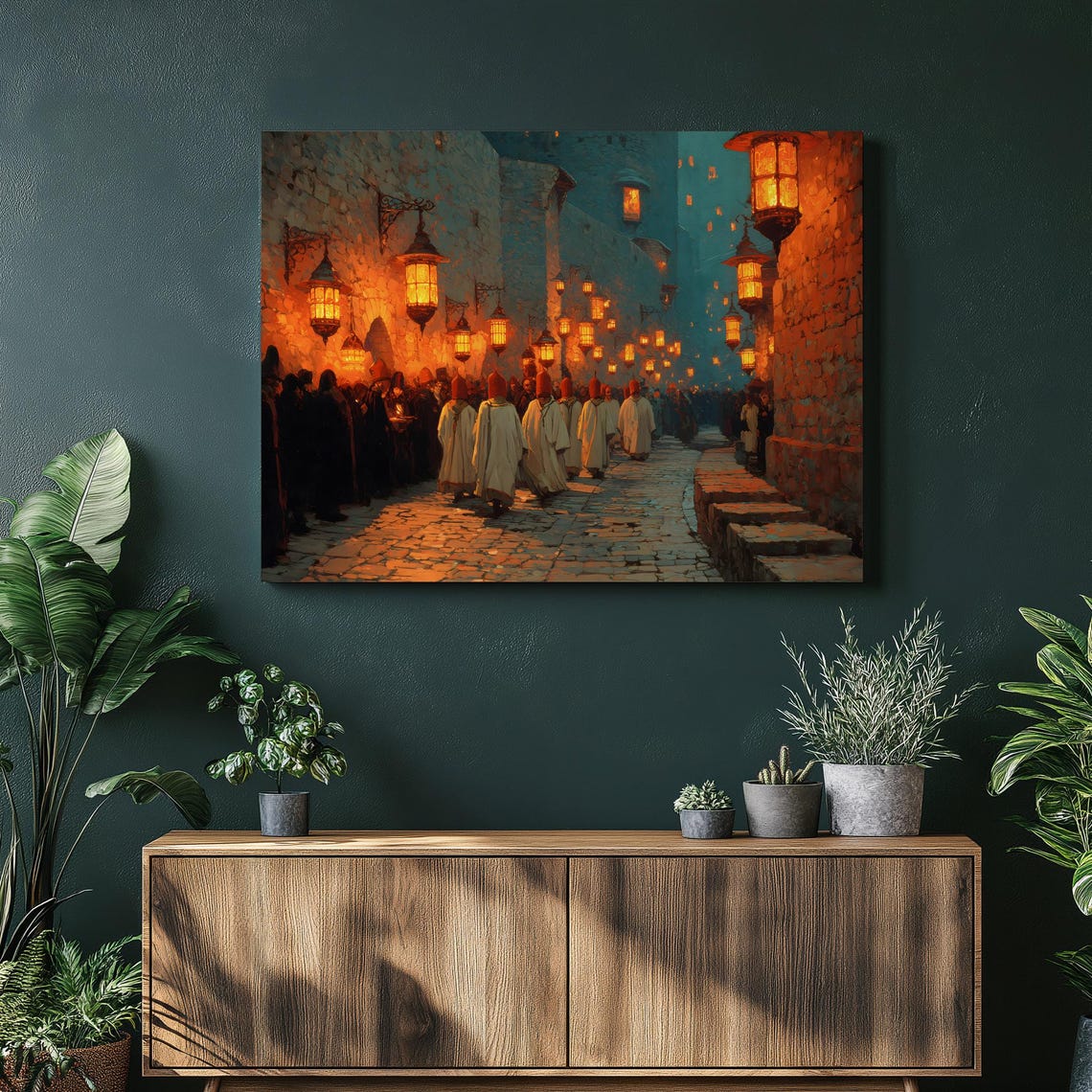 Lantern Lit Ancient Stone Alley Robed Procession Dusk Art Poster