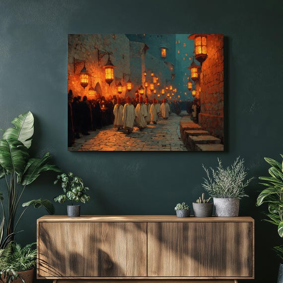 Gothic Night Procession Canvas Wall Art Moody Medieval Alley Cobblestone Street Glowing Lantern Light Nocturne Painting Dark