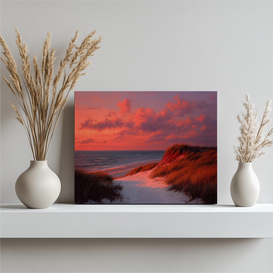 Fiery Coastal Sunset Over Beach Dunes Red Ocean Sky Landscape Poster