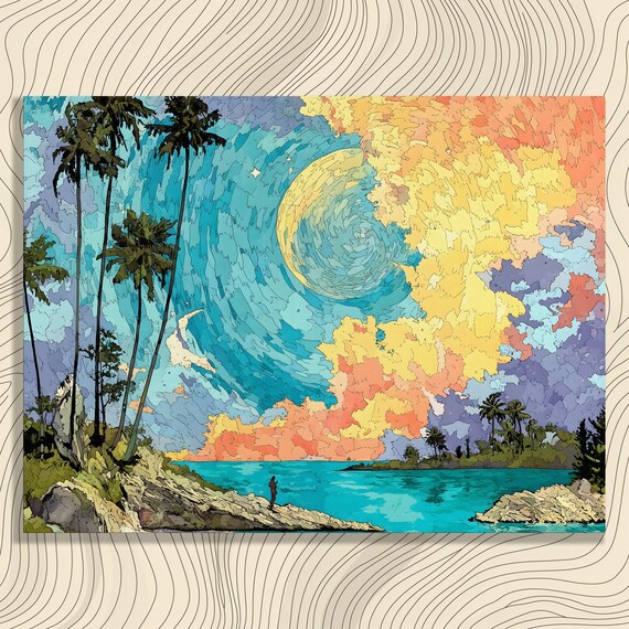 Swirling Starry Night Sky Tropical Palm Coast Sunset Ocean Poster