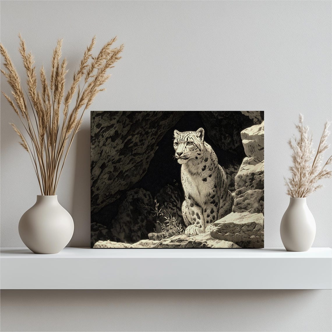 Snow Leopard Seated Among Rocks Engraving Style Wildlife Poster