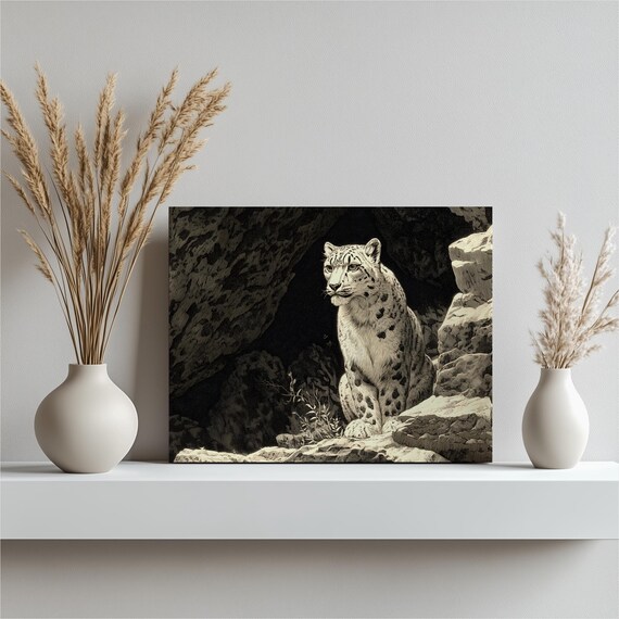 Snow Leopard Vintage Canvas Wall Art Engraving Style Monochrome Wildlife Rocky Landscape Mountain Decor Rustic Print Gift