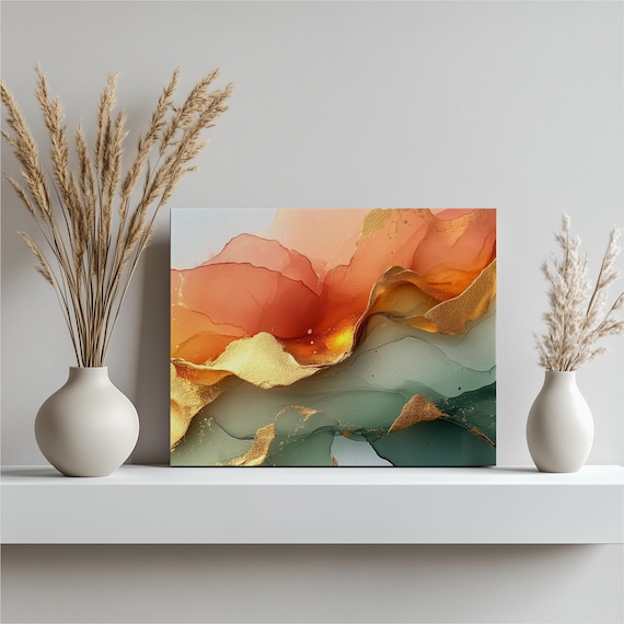 Terracotta Sage Green Canvas Wall Art Alcohol Ink Abstract Modern Decor Fluid Shapes Gold Accents Large Hanging Artwork For Living Room