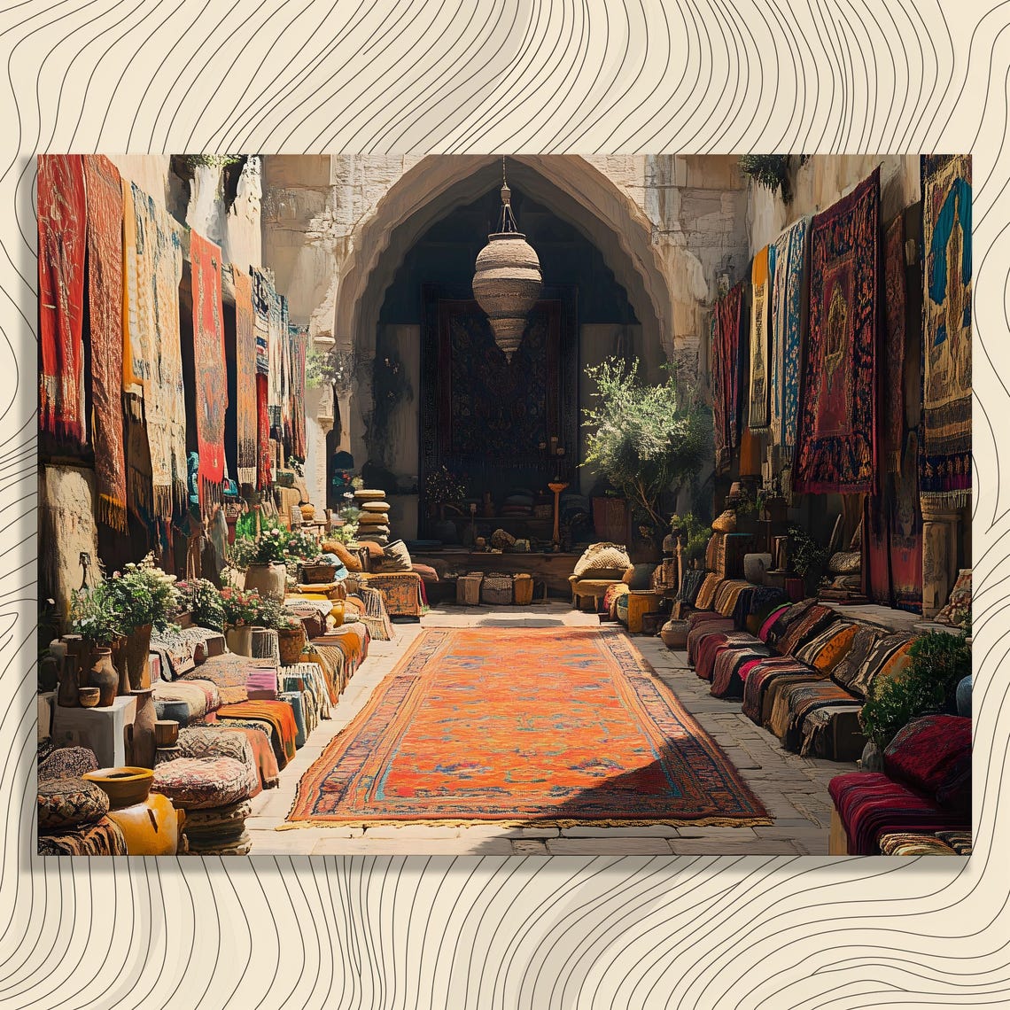 Vibrant Rug Bazaar Stone Archway Colorful Textile Art Poster