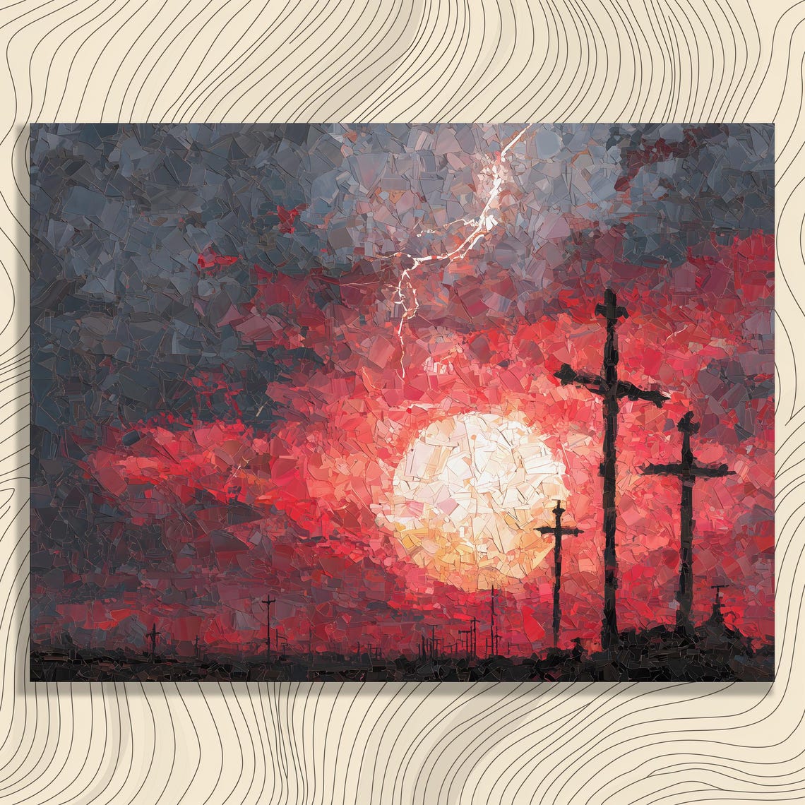 Three Crosses Sunset Silhouette Dramatic Red Sky Mosaic Poster