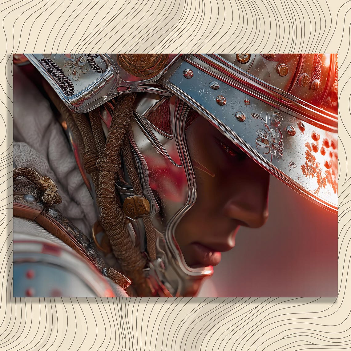 Samurai Warrior Ornate Metal Helmet Dramatic Red Glow Art Print