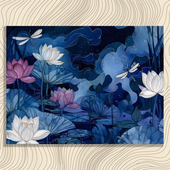Pond Watercolor Canvas Wall Art Dragonfly Night Sky Water Lily Print Zen Decor Nature Painting Blue Floral Gift