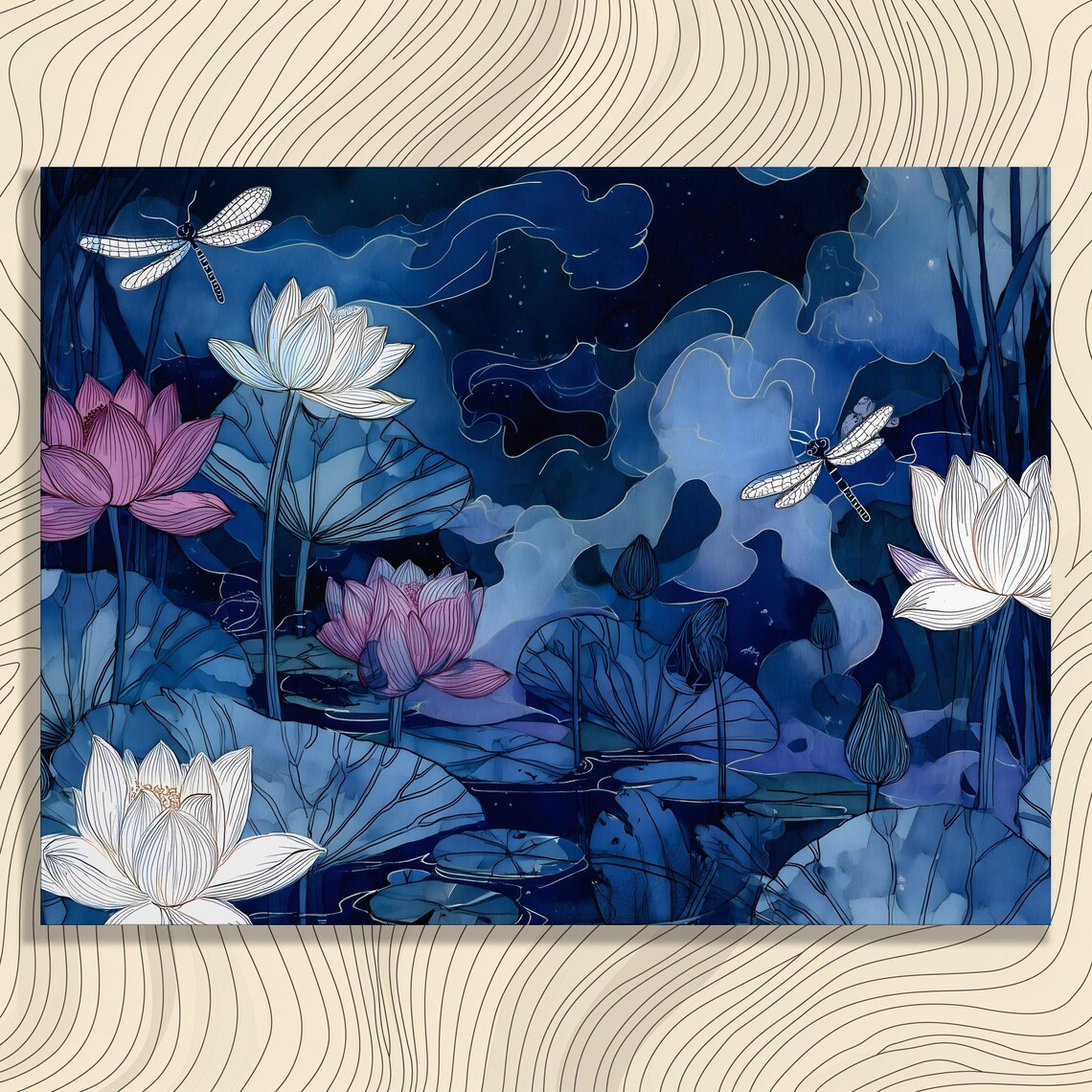 White Lotus Night Pond Dragonflies Dreamy Watercolor Art Poster