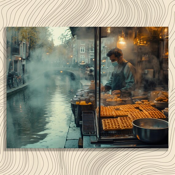 Street Vendor Canvas Wall Art Waffles Print Misty Watercolor Cityscape Painting Urban Canal Artwork Waffle Maker