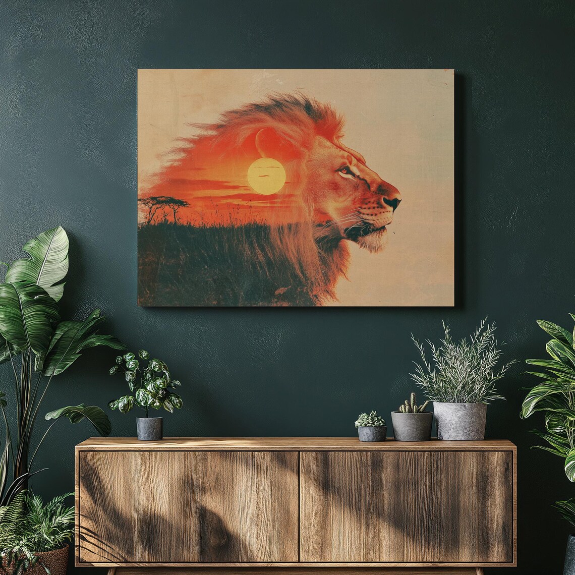 Lion Double Exposure Sunset Savanna African Wildlife Wall Art