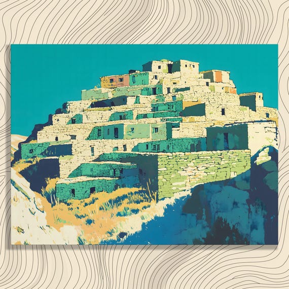 Stylized Hillside Village Canvas Wall Art Abstract Cubism Landscape Painting Nature Photography Architecture Prints Bohemian Eclectic