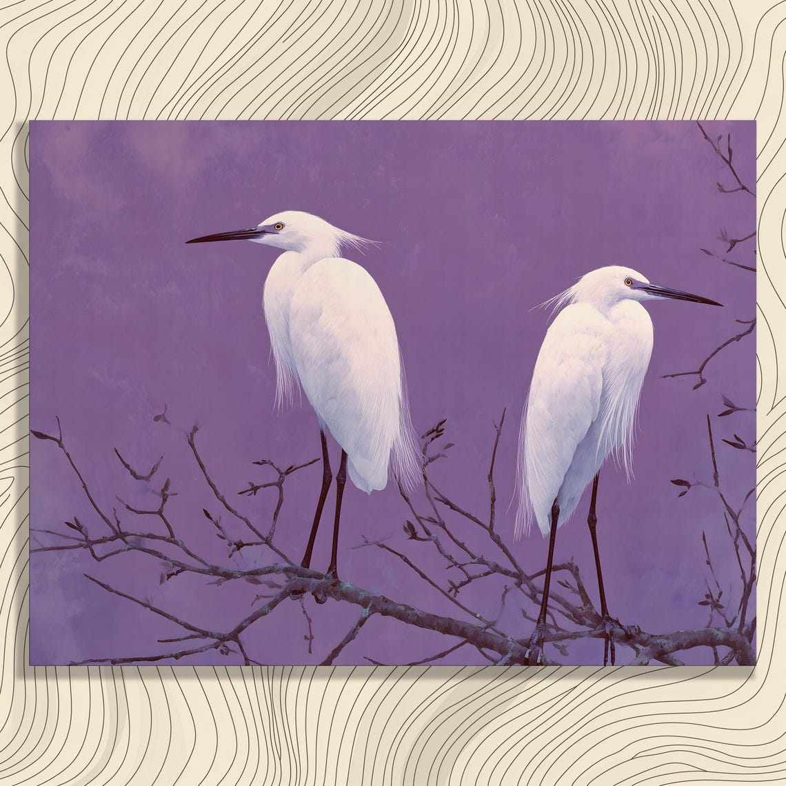 Snowy Egret Pair Perched On Branches Purple Sky Bird Art Poster