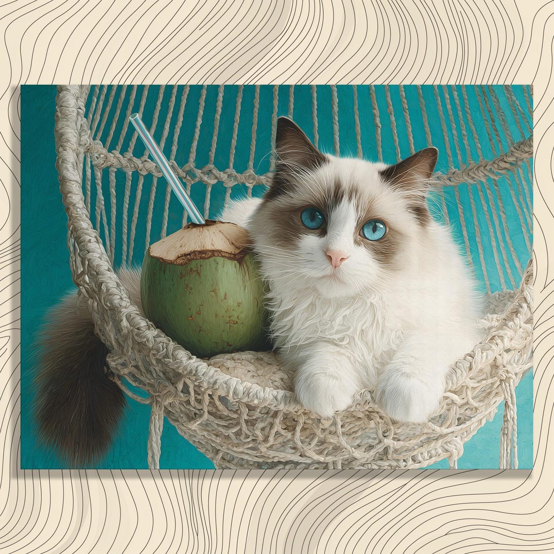 Blue Eyed Ragdoll Cat in Hammock With Coconut Drink Tropical Wall Art