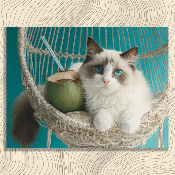 Blue Eyed Ragdoll Cat in Hammock With Coconut Drink Tropical Wall Art