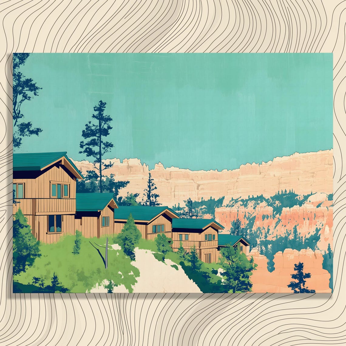 Forest Cabins With Canyon Cliffs Vintage Travel Poster Design