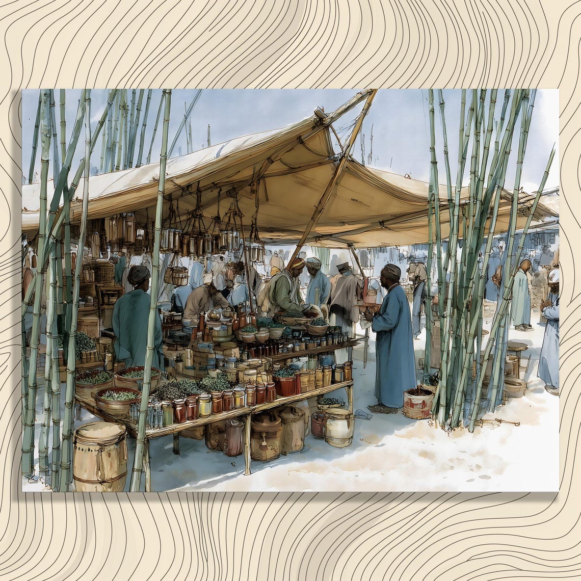 Middle Eastern Bazaar Spice Market Watercolor Art Scene Poster