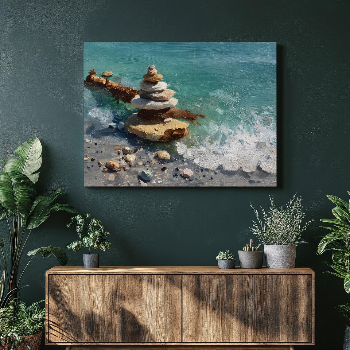 Stacked Rock Cairn Turquoise Waves Impasto Painting Art Poster