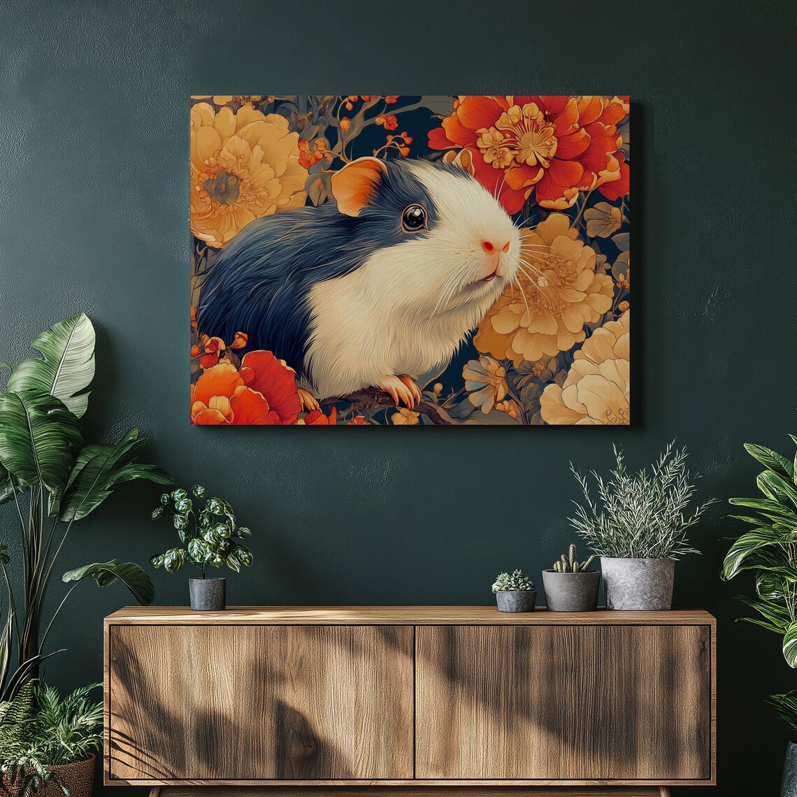 Adorable Guinea Pig Portrait Among Bold Orange Flowers Art Poster