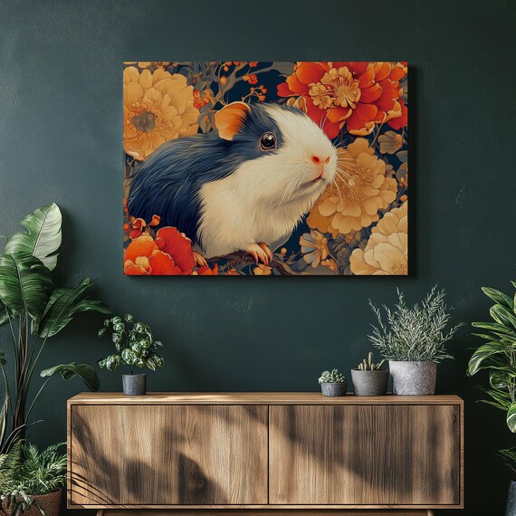 Adorable Guinea Pig Portrait Among Bold Orange Flowers Art Poster