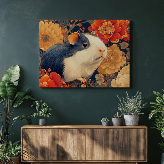 Guinea Pig Floral Painting Canvas Wall Art Print Vibrant Boho Animal Decor Cute Pet Gift For Nursery Living Room Bedroom Office