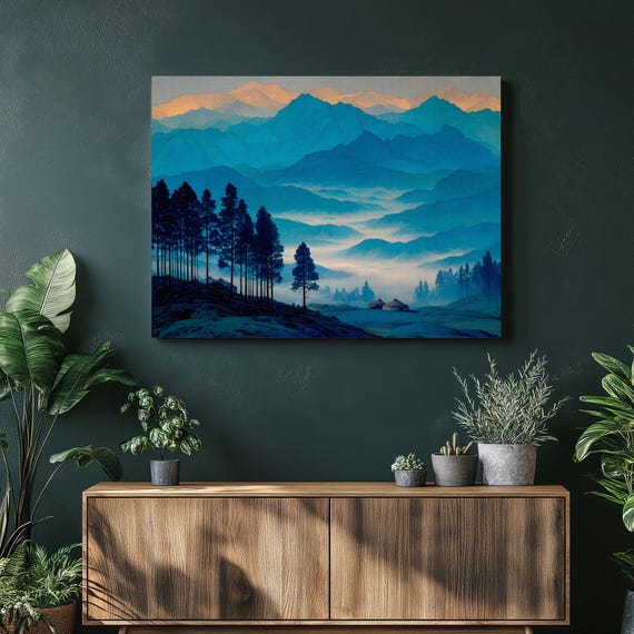 Misty Blue Mountains Canvas Wall Art Minimalist Tonal Landscape Print With Sunrise Serene Nature Scene Scandi Inspired Decor Foggy Valley