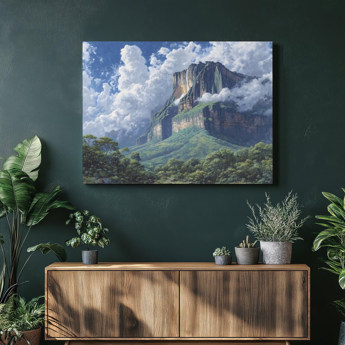 Majestic Mountain Peak Painting Lush Green Valley Landscape Print