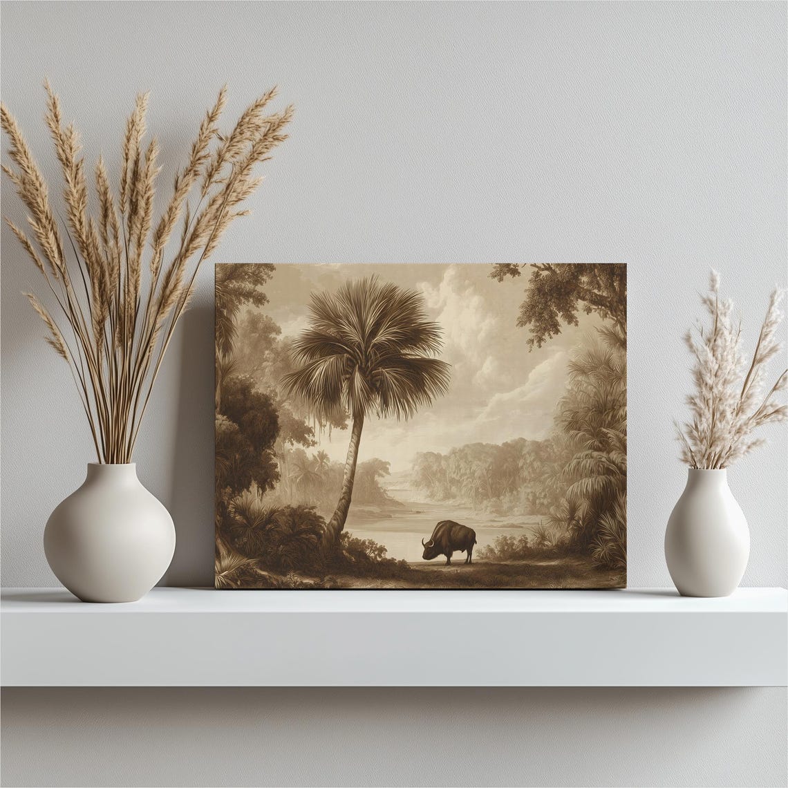 Vintage Sepia Buffalo By River Palms Engraving Style Art Poster