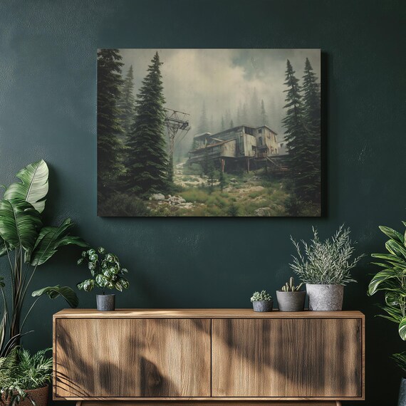 Misty Pine Forest Abandoned Old Mine Moody Landscape Art Poster