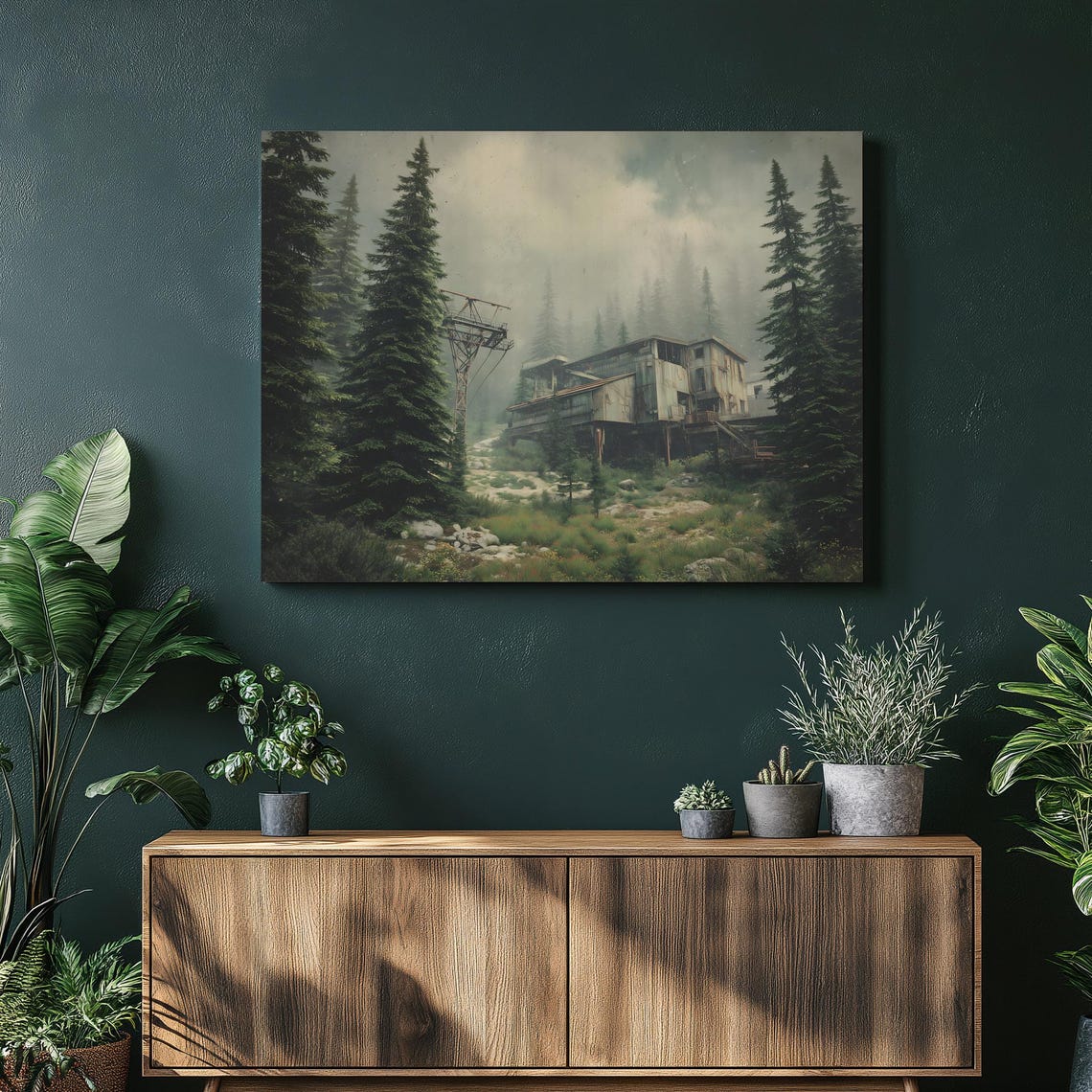 Misty Pine Forest Abandoned Old Mine Moody Landscape Art Poster