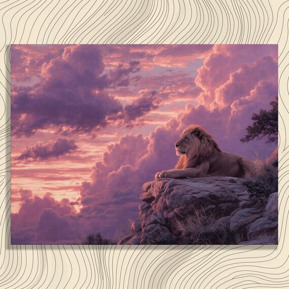 Majestic Lion at Sunset Pink Clouds Savannah Wildlife Nature Wall Art