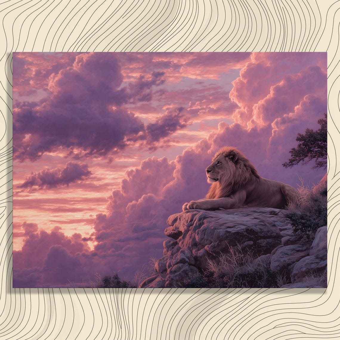 Majestic Lion at Sunset Pink Clouds Savannah Wildlife Nature Wall Art