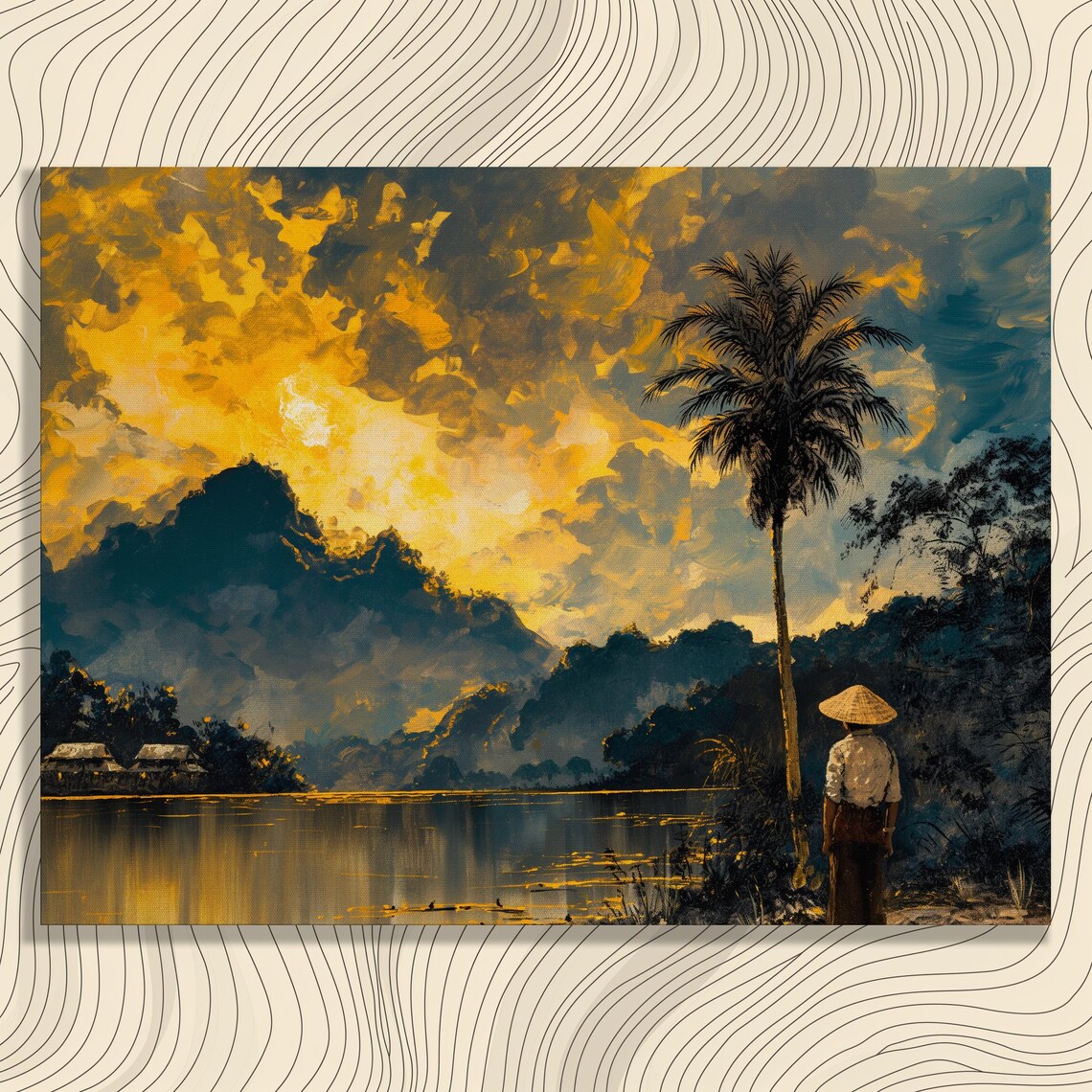 Golden Sunset River Landscape with Palm Tree and Traveler Art Print