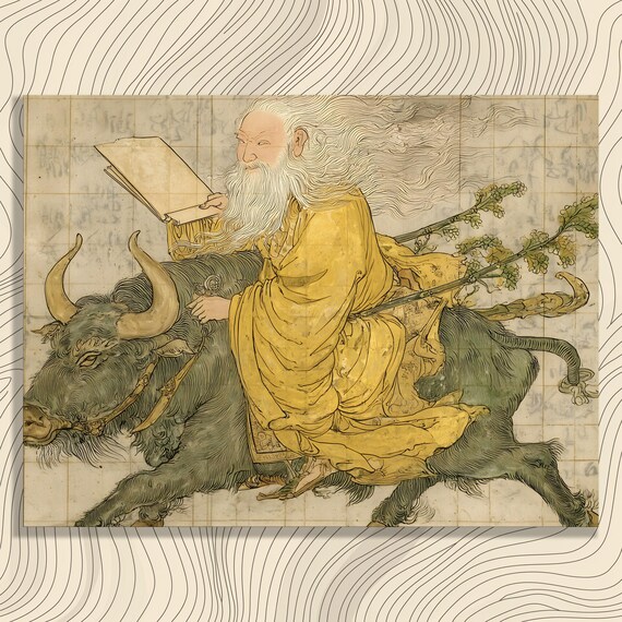 Laozi Water Buffalo Canvas Wall Art Traditional Chinese Ink Wash Painting Taoism Print Asian Decor Zen Inspired Calligraphy Gift