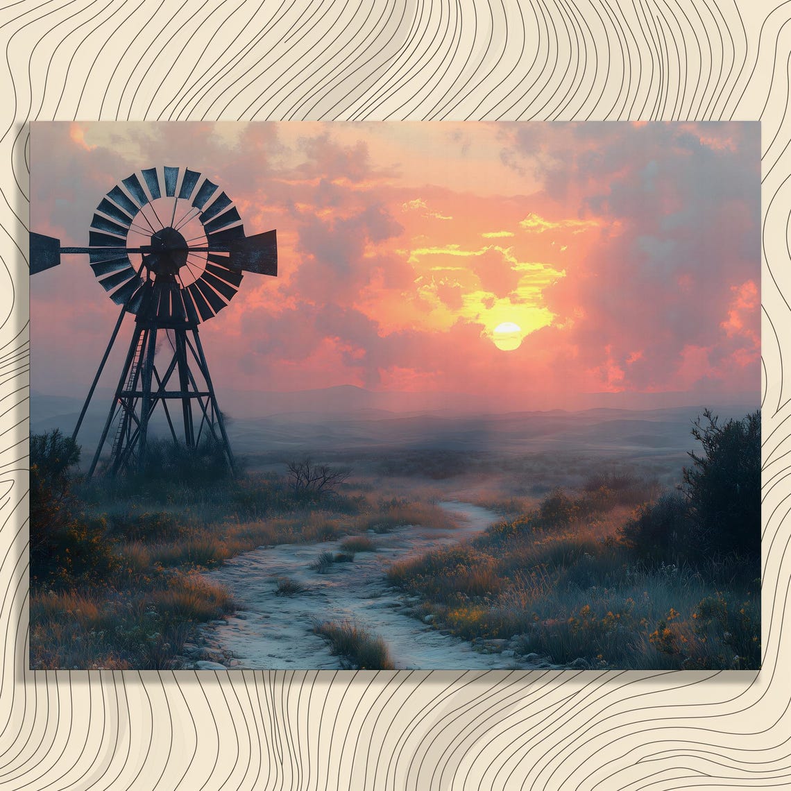 Windmill Sunset Rustic Farmhouse Countryside Field Rural Art Poster