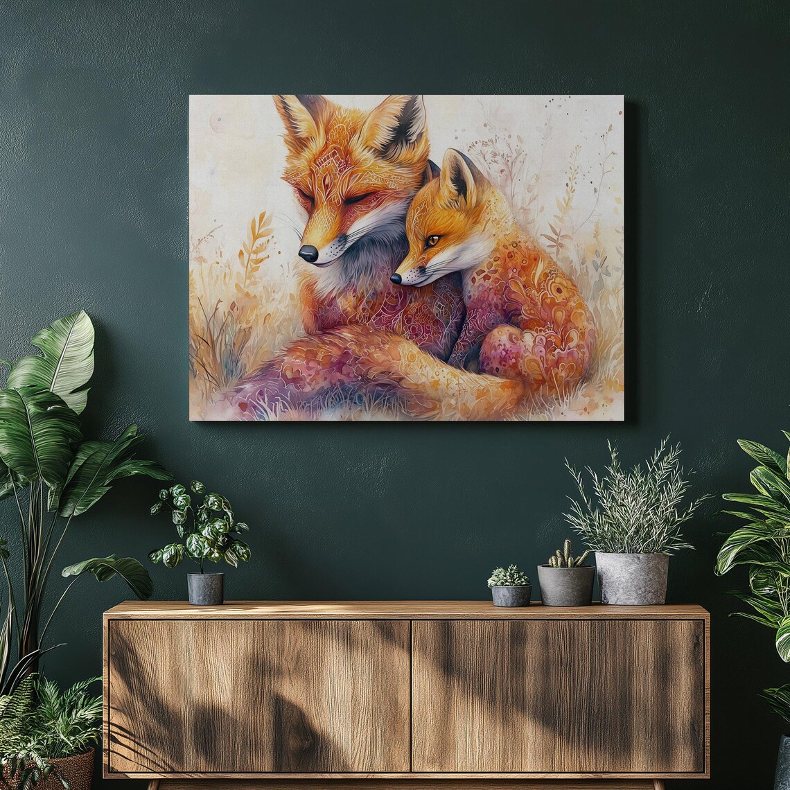 Foxes Wall Art Fox Painting Boho Decor Wildlife Nature Patterned Warm Colors Forest