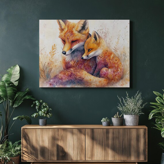 Foxes Wall Art Fox Painting Boho Decor Wildlife Nature Patterned Warm Colors Forest