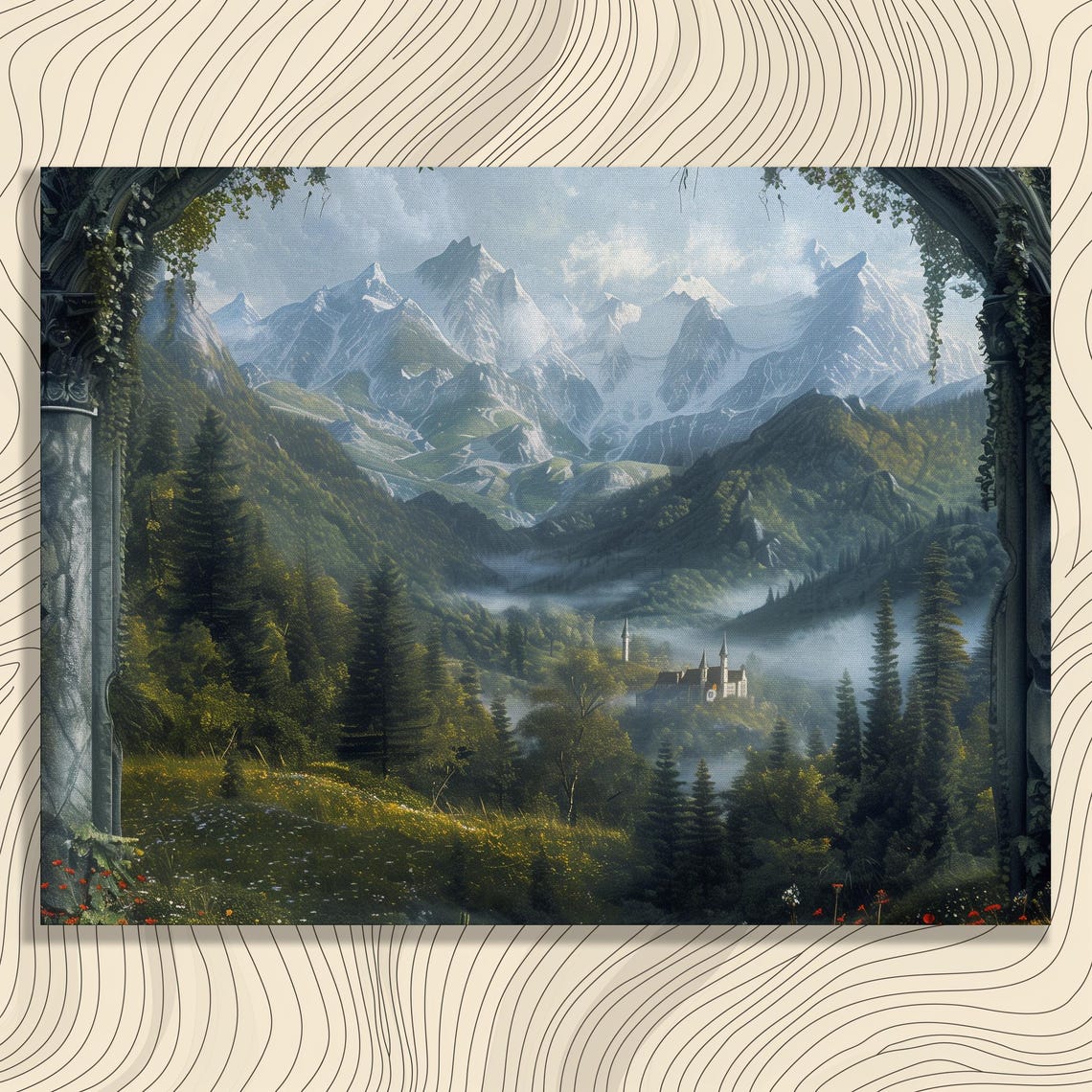 Mountain Castle Misty Forests Stone Arch Fairytale Landscape Poster