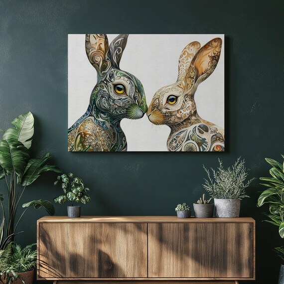 Rabbit Canvas Wall Art Bohemian Colorful Bunny Artwork For Living Room Bedroom Office Decor Green Brown Patterned Floral Print