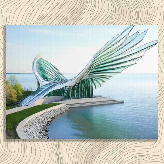 Futuristic Wings Canvas Wall Art Modern Architectural Print With Futurism Style And Waterfront Sculpture Design Gift For Architects